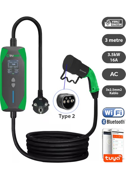 ZT203 Taşınabilir Elektrikli Araç Şarj Cihazı Türkçe Menü 16A/3.5KW/220V (3 Metre)