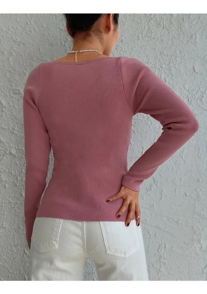 Kadın Pembe Dekolteli Kare Yaka Triko Bluz - Pembe fırsatları