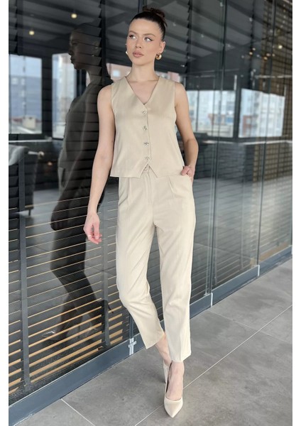 Kadın Düğme Detaylı Astarlı Yelek Pantolon Ikili Takım fiyatları