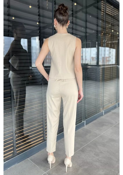 Kadın Düğme Detaylı Astarlı Yelek Pantolon Ikili Takım modelleri