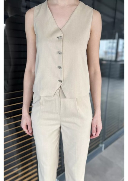 Kadın Düğme Detaylı Astarlı Yelek Pantolon Ikili Takım fırsatları