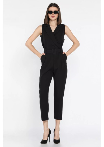 Kemerli Kruvaze Yaka Sıfır Kol Kadın Tulum