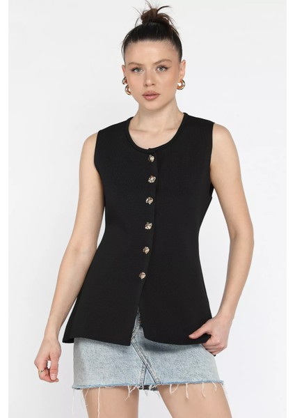 Kadın Bisiklet Yaka Düğmeli Triko Yelek (S-M-L Beden Uyumludur)