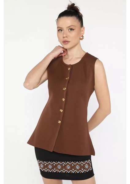 Kadın Bisiklet Yaka Düğmeli Triko Yelek (S-M-L Beden Uyumludur)