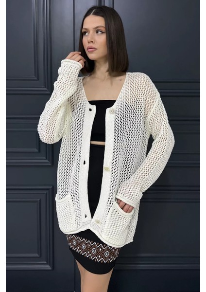 Düğme Detaylı Ajurlu Kadın Triko Hırka