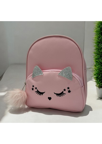 Kız Çocuk Sırt Çantası Pembe Renk Kedi Desenli Simli Kulaklı Yıldızlı Ponponlu Sevimli Hayvan Desenli