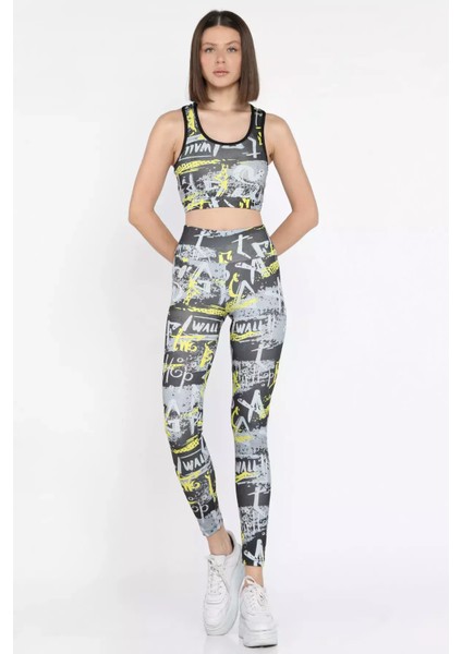 Kadın Baskılı Yüksek Bel Sporcu Tayt Crop Büstiyer Ikili Takım