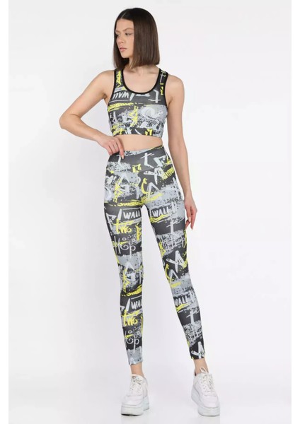 Kadın Baskılı Yüksek Bel Sporcu Tayt Crop Büstiyer Ikili Takım