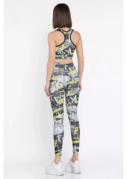 Kadın Baskılı Yüksek Bel Sporcu Tayt Crop Büstiyer Ikili Takım