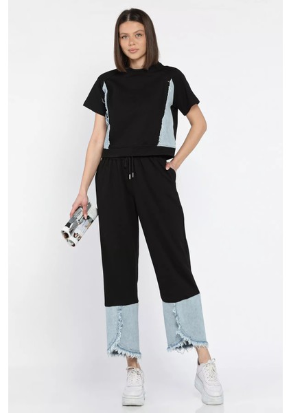 Kadın Kot Garnili Püsküllü Tişört Pantolon Ikili Takım