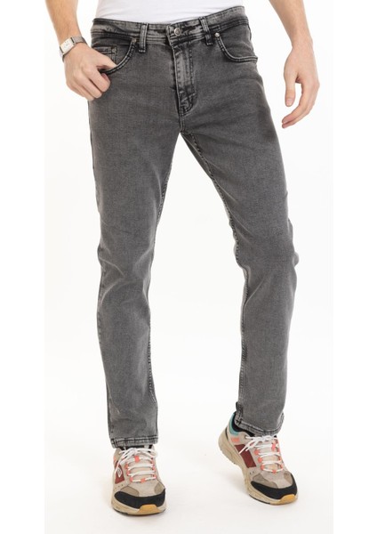 Erkek Denim Regular Fit Rahat Kalp Normal Bel Düz Paça Dört Mevsim Likralı Kot Pantolon 95505-GRI