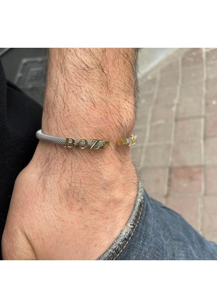 14 Ayar Altın Harf ve Tarih Yazılı Beyaz Çelik Bileklik modelleri