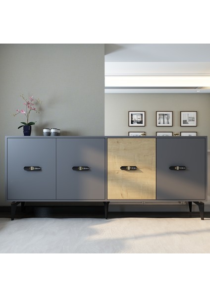 Melon Konsol Tv Sehpası Çok Amaçlı Dolap 180 cm Antrasit Meşe