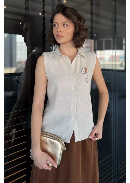 Nakışlı Kolsuz Kadın Keten Gömlek