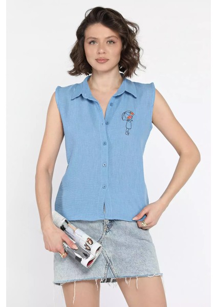 Nakışlı Kolsuz Kadın Keten Gömlek
