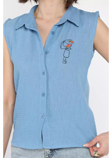 Nakışlı Kolsuz Kadın Keten Gömlek fırsatları