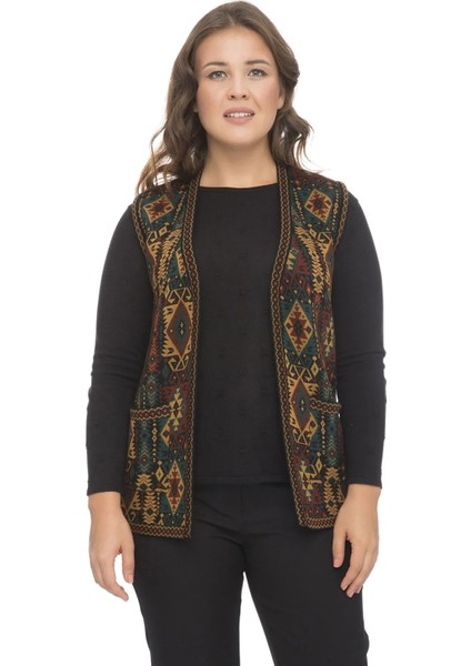 Kadın Etnik Desen Klasik Triko Örgü Kilim Yelek 1052