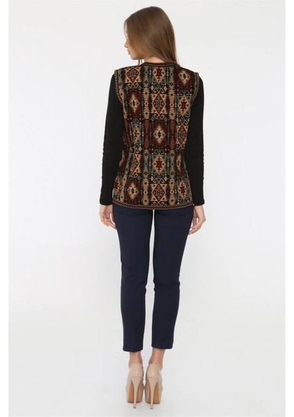Kadın Etnik Desen Klasik Triko Örgü Kilim Yelek 1052