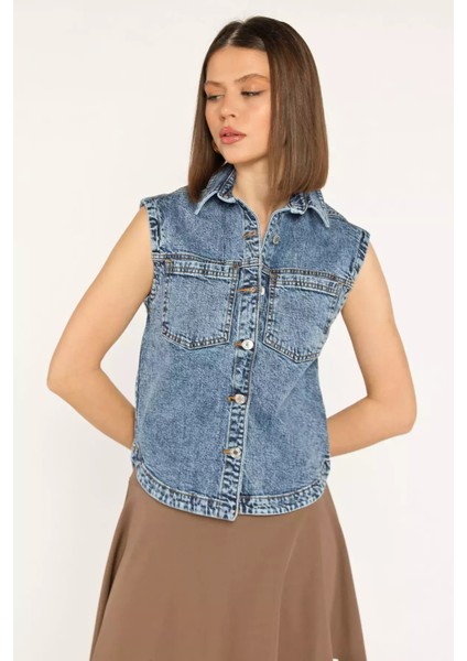 Çift Cepli Kadın Jean Kot Yelek modelleri