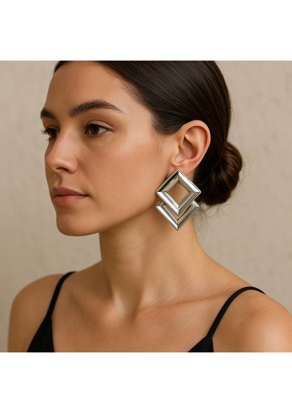 Kadın Silver Eşkenar Dörtgen Suya Dayanıklı Çelik Küpe