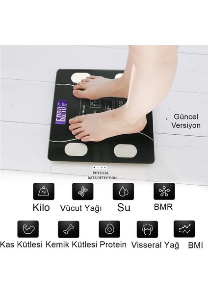 Dijital Tartı Baskül Yağ Su Kas Vücut Kitle Endeksi Kilo Ölçer Tartı Siyah LED Panel