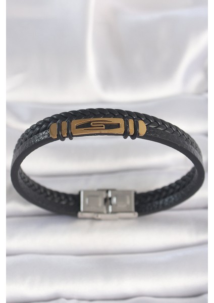 Gold Renk Aksesuarlı Çift Sıra Siyah Burgu Desenli Deri Kordon Erkek Bileklik - EBJ250412W32614