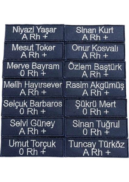 Kişiye Özel Isim Soyisim Kan Grubu Lacivert Renk Nakış Işleme Cırtlı 3 Adet