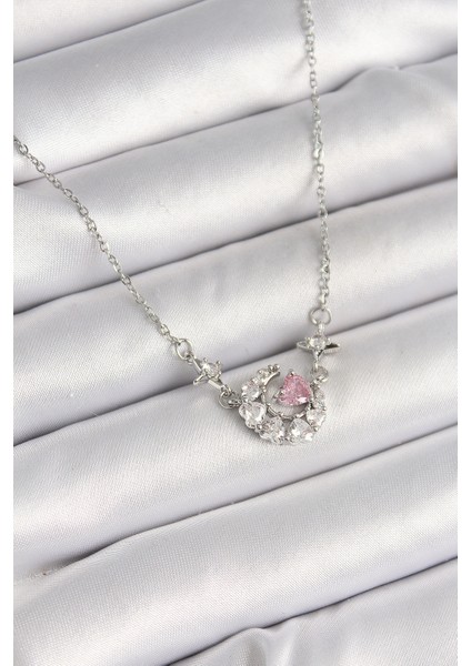 Gümüş Renk Zirkon Taşlı Hilal Pembe Kalp Model Kadın Kolye - EBJ250412W32657