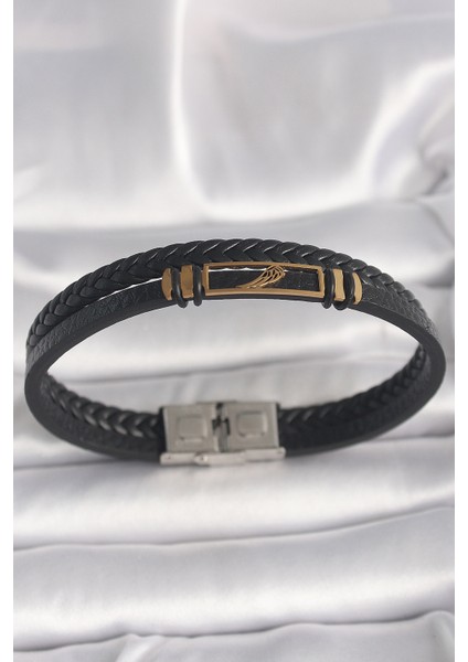 Gold Renk Kanat Aksesuarlı Siyah Burgu Model Deri Kordon Erkek Bileklik - EBJ250412W32609