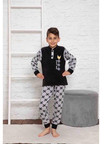Yeni Sezon Sonbahar/kış Erkek Çocuk Gez Garson Polar Pamuk Desenli Pijama Takımı 3024-SIYAH
