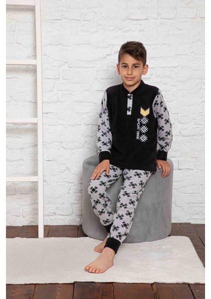 Yeni Sezon Sonbahar/kış Erkek Çocuk Gez Garson Polar Pamuk Desenli Pijama Takımı 3024-SIYAH fiyatları
