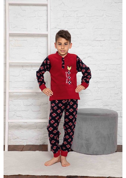 Yeni Sezon Sonbahar/kış Erkek Çocuk Gez Garson Polar Pamuk Desenli Pijama Takımı 3024-KIRMIZI