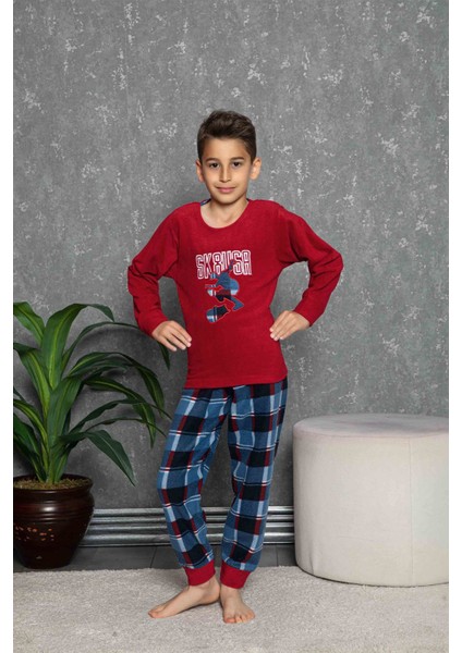 Yeni Sezon Sonbahar/kış Erkek Çocuk Gez Garson Polar Pamuk Desenli Pijama Takımı 3029-KIRMIZI
