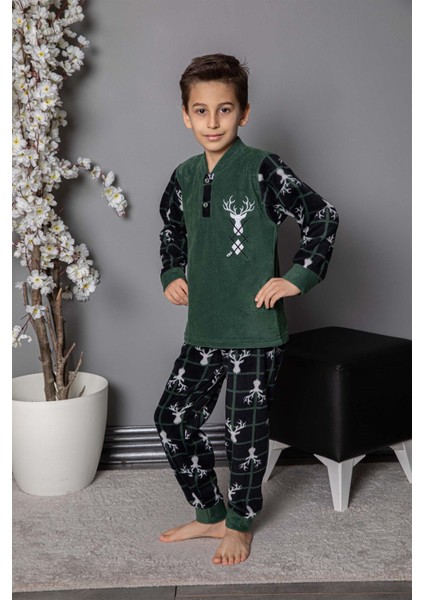 Erkek Çocuk Gez Garson Boy Geyik Desenli Pamuklu Kışlık Kalın Polar Pijama Takımı 2691-YEŞIL