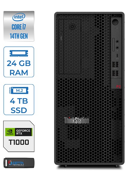 Thinkstation P2 Intel® Vpro I7 14700 24GB Ddr5 4tb SSD 8GB/T1000 Windows 11 Pro Raid Destekli Masaüstü Iş Istasyonu 30FR001HTRWP11 + Zettausbbellek