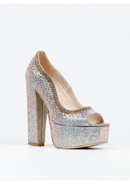 Gold Sultan Çift Renk Taşlı Klasik Köşe Kalıplı Kalın Topuklu Kadın Abiye Ayakkabı Kadın Topuklu Şık