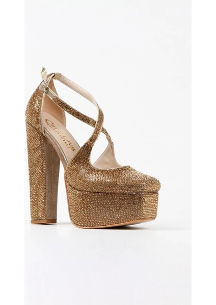 Gold Sultan Full Taş Klasik Köşe Kalıplı Kalın Topuklu Kadın Abiye Ayakkabı Kadın Topuklu Şık