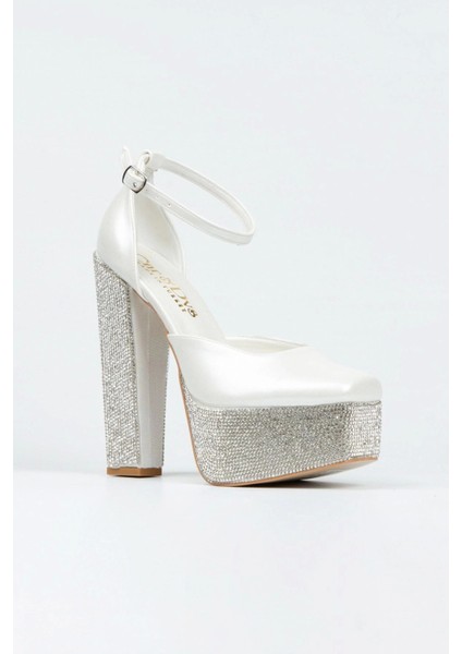 Sedef Cilt Ökçe Poli Taşlı Klasik Köşe Kalıplı Kalın Topuklu Kadın Abiye Ayakkabı Kadın Topuklu Şık