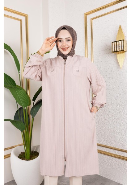 Gülçiçek Kadın Büyük Beden Keten Çilek Kumaş Fermuarlı Kap