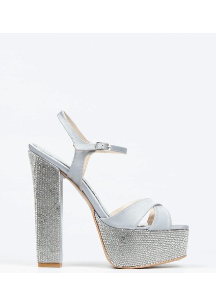 Gümüş Saten Ökçe-Poli Taşlı Klasik Köşe Kalıplı Kalın Topuklu Kadın Abiye Ayakkabı Kadın Topuklu Şık modelleri