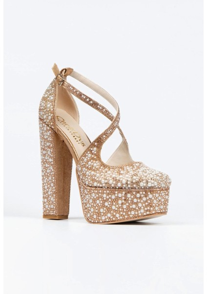 Gümüş Ayna Full İnci Taşlı Klasik Köşe Kalıplı Kalın Topuklu Kadın Abiye Ayakkabı Kadın Topuklu Şık