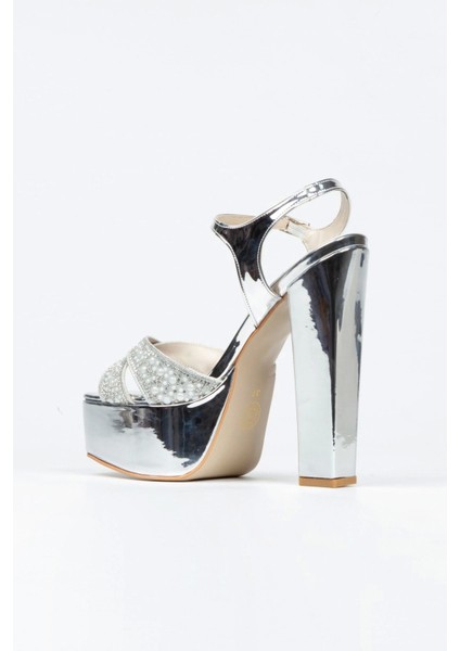 Gümüş Ayna Yüz İnci Taşlı Klasik Köşe Kalıplı Kalın Topuklu Kadın Abiye Ayakkabı Kadın Topuklu Şık fırsatları