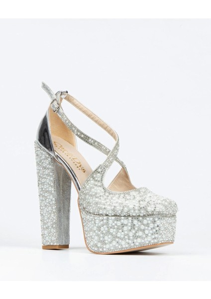 Gümüş Ayna Full İnci Taşlı Klasik Köşe Kalıplı Kalın Topuklu Kadın Abiye Ayakkabı Kadın Topuklu Şık
