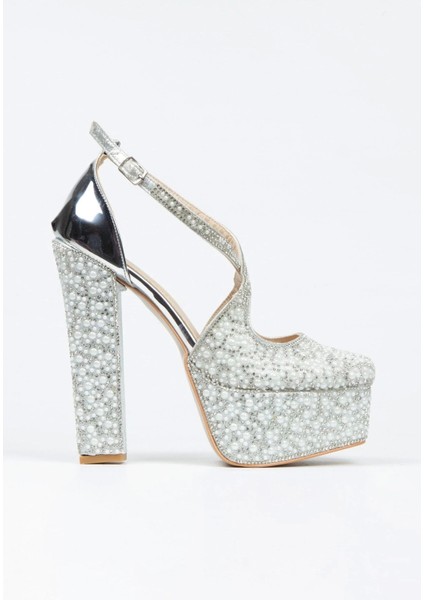 Gümüş Ayna Full İnci Taşlı Klasik Köşe Kalıplı Kalın Topuklu Kadın Abiye Ayakkabı Kadın Topuklu Şık modelleri