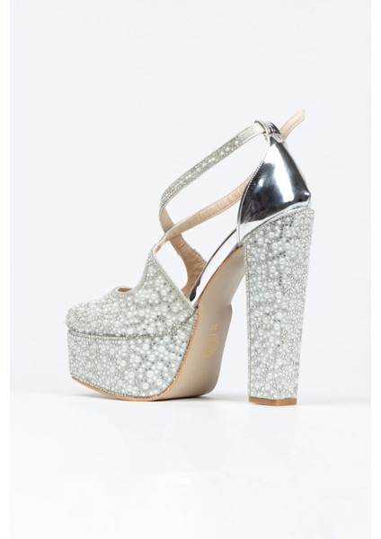 Gümüş Ayna Full İnci Taşlı Klasik Köşe Kalıplı Kalın Topuklu Kadın Abiye Ayakkabı Kadın Topuklu Şık fırsatları