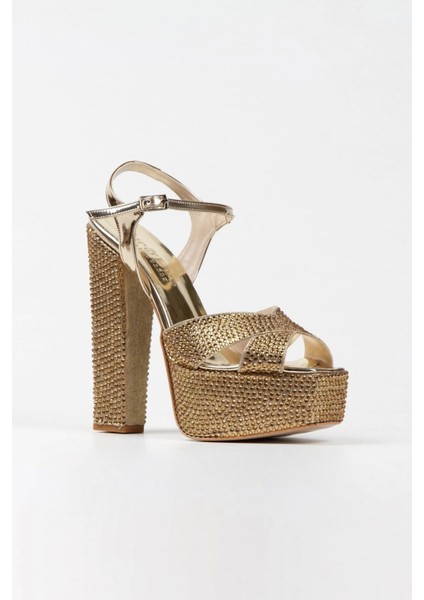 Gold Ayna Full Taşlı Klasik Köşe Kalıplı Kalın Topuklu Kadın Abiye Ayakkabı Kadın Topuklu Şık