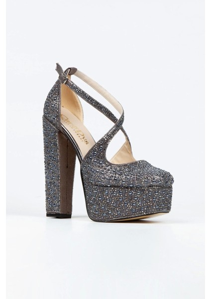 Gümüş Ayna Full İnci Taşlı Klasik Köşe Kalıplı Kalın Topuklu Kadın Abiye Ayakkabı Kadın Topuklu Şık