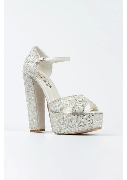 Gümüş Sultan Full İnci Taşlı Klasik Köşe Kalıplı Kalın Topuklu Kadın Abiye Ayakkabı Kadın Topuklu