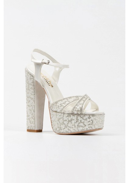 Gold Ayna Full İnci Taşlı Klasik Köşe Kalıplı Kalın Topuklu Kadın Abiye Ayakkabı Kadın Topuklu Şık