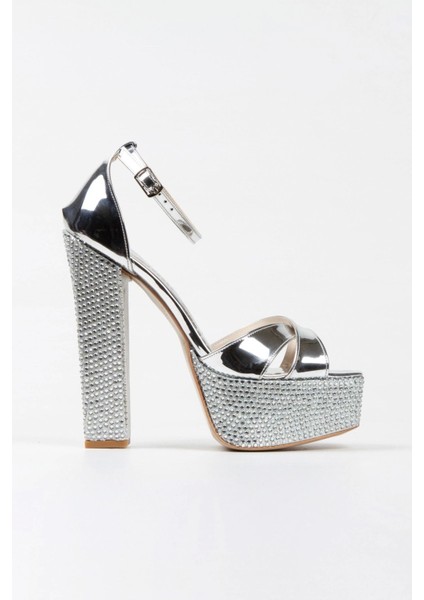 Gümüş Ayna Ökçe Poli Taşklasik Köşe Kalıplı Kalın Topuklu Kadın Abiye Ayakkabı Kadın Topuklu Şık fiyatları